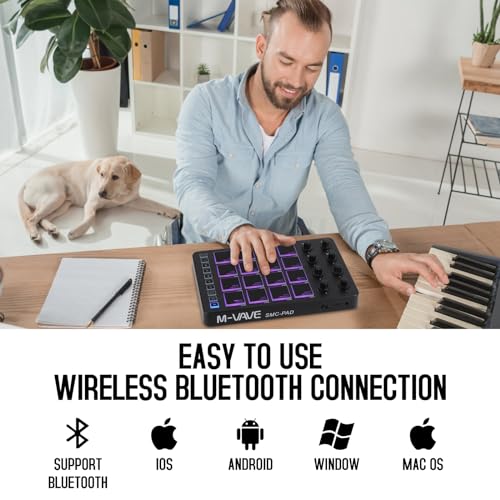 Image of M-WAVE Wireless MIDI Controller Pads, Bluetooth Portable USB MIDI Controller with 16 MPC Drum Pads, 8 Assignable Knobs, Note Repeat, Full Level Buttons, Rechargeable battery (Black Pad)