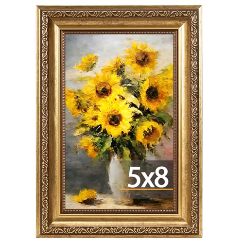 JCJMY 5x8 Vintage Picture Frame Elegant Retro 5 by 8 Photo Frame with Shatter-Resistant Plexiglass for Wall or Tabletop Display Gallery Decor & Gift Gold 1 Pack