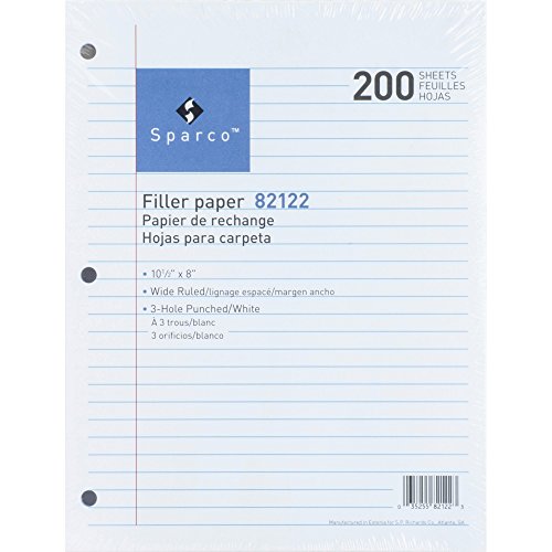 Sparco Products 82122 Filler Paper, Wide-Ruled, 16lb, 10-1/2-Inch x8-Inch, 200/PK, WE