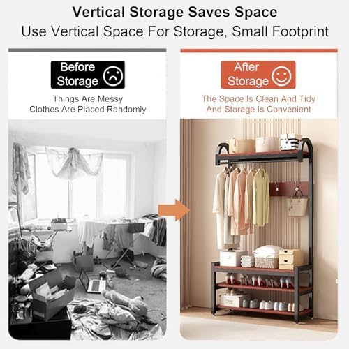 Freestanding Entryway Hall Tree with Coat Rack, Shoe Bench, 2 Hooks & 3 Tier Storage Shelf, Perfect for Dorms & Apartments