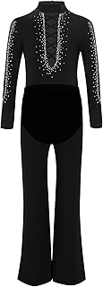 Traje de Baile Latino para Niños Mono de Patinaje Artístico Maillot Brillante de Manga Larga y Pantalones Acampanados de Cinturas Elásticas