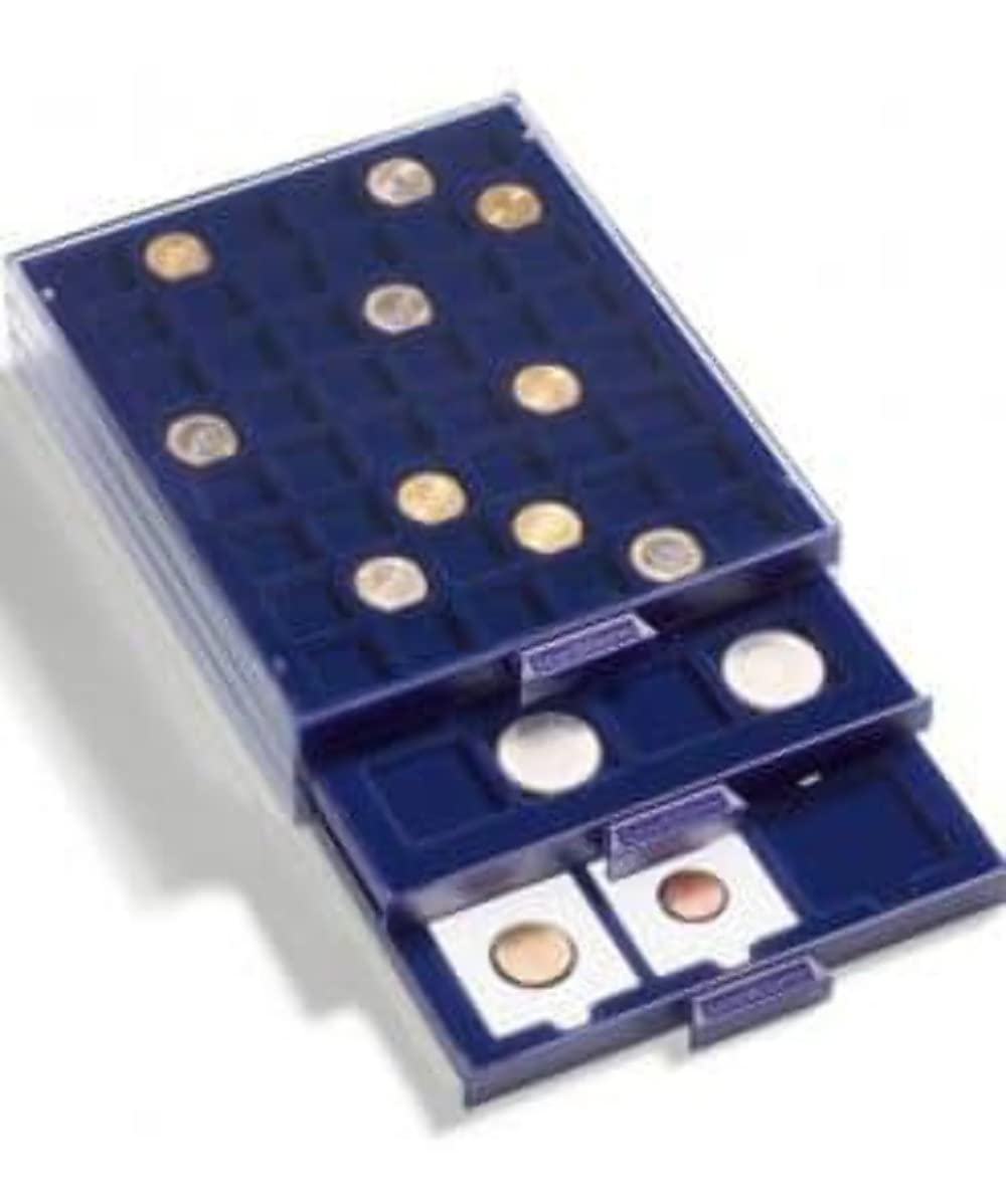 Leuchtturm Smart 334107 Coin Box - 20 Square Compartments for Coins up to 41 mm Diameter - German 10 + 20 Euro, 10 DM in Capsules - Blue