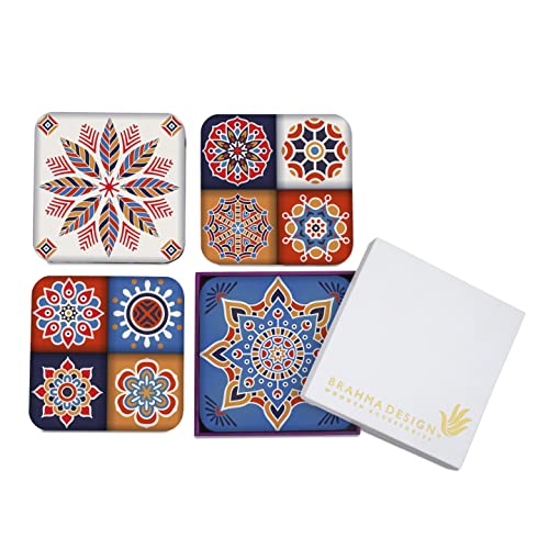BRAHMA DESIGN Wooden Coaster Set With Gift Box | Floral Tiles Design | Set of 4 Tabletop Square Coasters 3.75