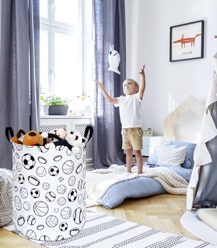 Image of Kids Laundry Hamper Clothes Gift Basket Storage Laundry Baskets Organizer Bin with Handles for Nursery Room (Sports ball)