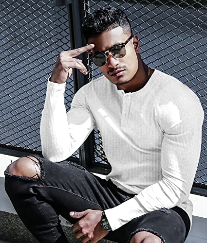 Muscle Cmdr Men's Ribbed Henley Shirt Short Sleeve Slim Fit Muscle Shirt Fitted Cotton Casual Long Sleeve2