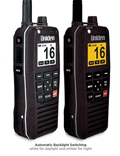 Image of Uniden MHS130, 6-Watt Waterproof Floating Handheld VHF Marine Radio w /NOAA Weather Alerts and FM Radio, IPX8 Submersible, Automatic Backlight Switching - White for Daylight & Amber for Night, Black