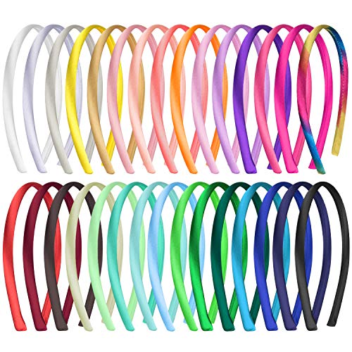 Produktfoto von Duufin 30 Stück Haarreifen Satin 1cm Haarreif Stirnbänder für Mädchen Damen, 30 Farben