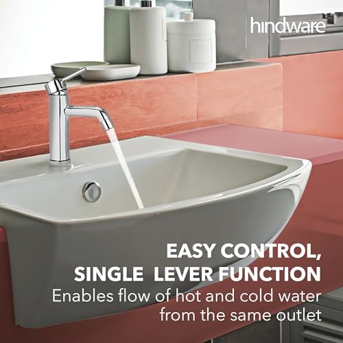 Image of Hindware F280010SCP Single Lever Basin Mixer with Water Saving Feature for Bathroom | Star Rated Product | Made of Brass | Comes with 450-mm Hose | Flora Range | 12-Year Manufacturer Warranty