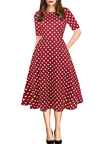oxiuly Women's Vintage Half Sleeve Round Neck Polka Dot Casual Pockets Dress Tunic Party Cocktail Work Cotton Blend Swing Dresses OX262 (M, Burgundy Dot)