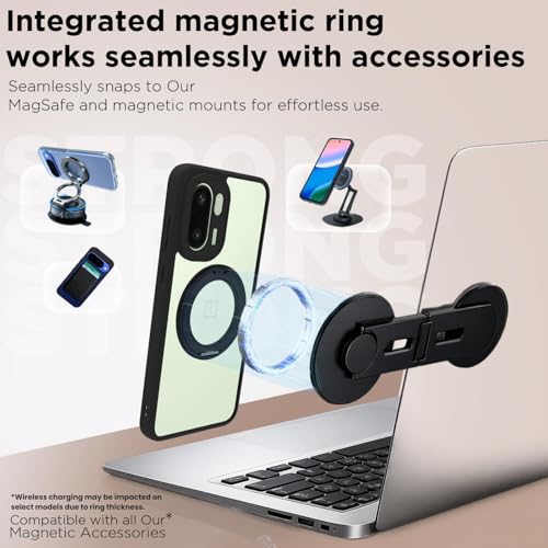Image of RIGGEAR Shockproof Sleek Hybrid Armor 360 Rotating Magnetic Ring Stand Back Cover Case Compatible with MagSafe Accessories for OnePlus 15R 5G (Clear PC + Black TPU Bumper)