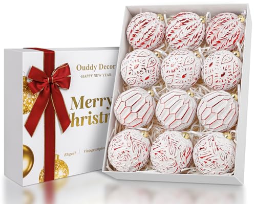 Ouddy Decor White and Red Rustic Vintage Christmas Ornaments, 12 Pcs Farmhouse Neutral Christmas Hanging Balls Shatterproof Antique Traditional Luxury Style for Xmas Tree Farmhouse Home Decor, Red