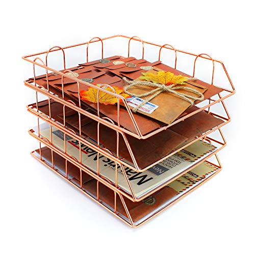 Letter Tray 4 Tier Metal Stackable Paper Holder Decorative Desk File Organizer Rack for Office Documents Supplies and Accessories (Rose Gold)