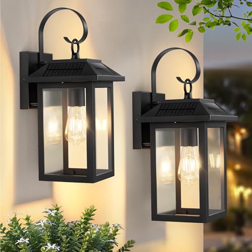 OYKYOHEI 2 Pack Solar Outdoor Wall Lights, Dusk to Dawn Motion Sensor LED Sconce for Fence Front Door Waterproof, Exterior Porch Lamps Lanterns Wall Mount Patio Decorative, 2700K E26 Bulb Included
