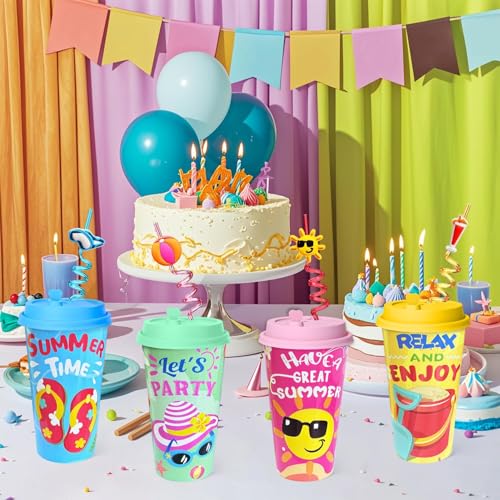 FZR Legend 48Pcs Pool Beach Birthday Party Decorations Cups with Summer Silly Straws Bulk, 16 OZ Pool Reusable Plastic Cups with Lids, Summer Party Favors Supplies for Kids