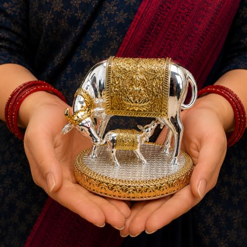 Image of KYAT Pure 999 Fine Silver Kamdhenu Cow with Calf Idol Elephant Pair (Kamdhenu Gold & Silver- 2.5'')