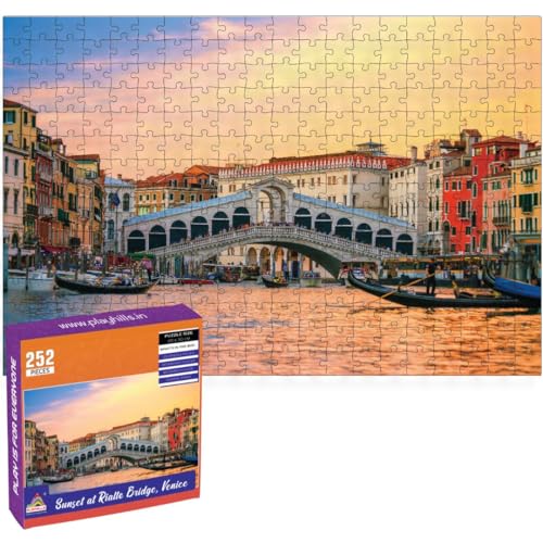 Image of Sunset Rialto Bridge Venice 252 Piece Wooden Jigsaw Puzzle for Kids 10+ | Travel & Architecture Learning Game | Eco-Friendly Educational Puzzle, Gift Box - World Wonders Series