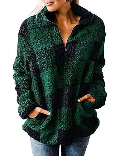 Women's Plaid Long Sleeve Zipper Sherpa Fleece Sweatshirt Warm Fleece Pullover Jacket Coat with Pockets