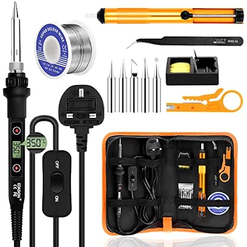 Soldering Iron Kit 80W LCD Adjustable Temperature 180-520°C Welding Tools ON/Off Switch, Solder Wire, 5 Soldering Tips, Desoldering Pump, Wire Stripper Cutter, Stand, Tweezers,Tool Case Cover