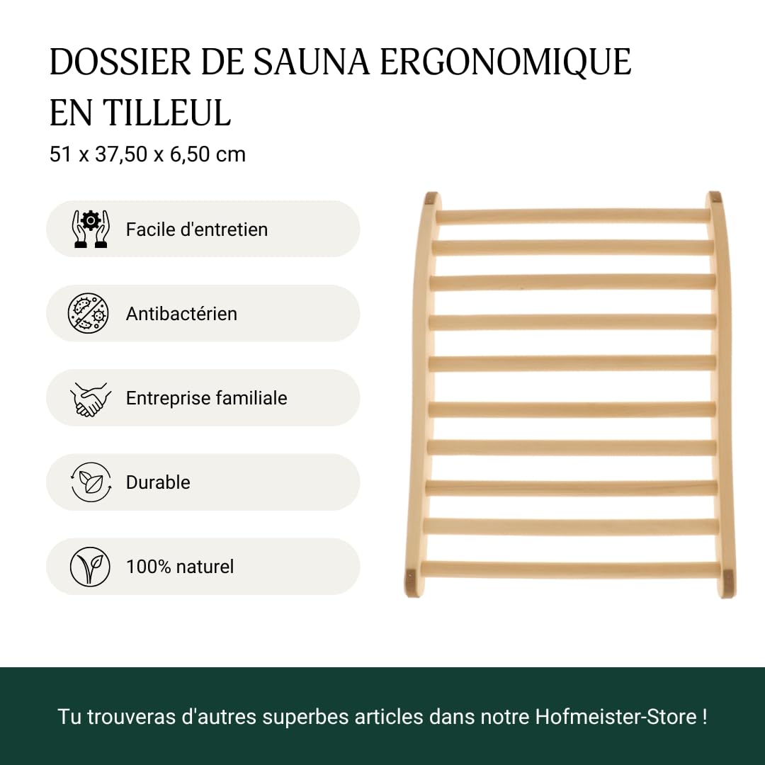 HOFMEISTER® Support Dorsal Ergonomique en Bois pour bancs de Sauna - Assise Confortable et Plaisir du Sauna - Accessoire idéal pour Le Sauna