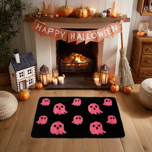 Black Halloween Bath Mat – Cute Ghost Decor Mat Non-Slip Black Bathroom Rug Soft Spooky Bath Rug for Shower, Bedroom, Living Room