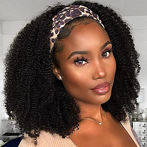 Headband Wig Kinky Curly 14inch Headband Wig for Black Women Synthetic Heat Resistant Afro Curly None Lace Front Natural Color Shoulder Length for Daily Wear
