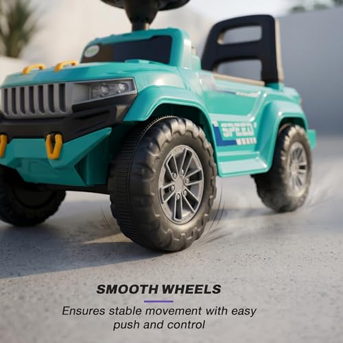 Image of Baybee Speedy Baby Ride on Car for Kids | Portable Kids Car with LED Lights, Music & Storage Basket | Push Toy Cars with High Backrest | Toddler Rideons Jeep for 1 to 3 Years Boys Girls (Green)