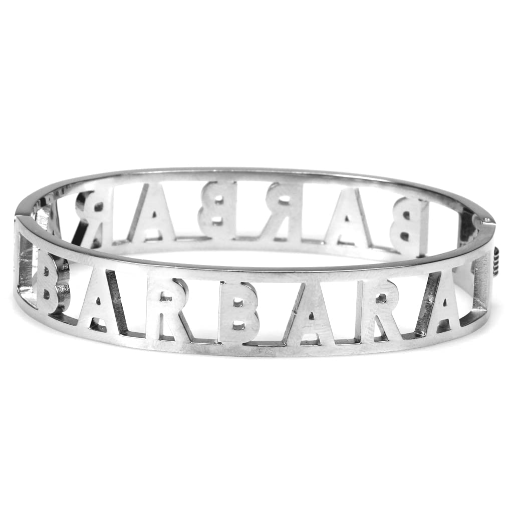 Flowers Bracciale Rigido Acciaio con Nome Vari e Zirconcini Sacchettino in Tessuto Scritta Nome ricoperta di Strass Brillantissimi Bracciale a Manetta Donna Chiusura a Molla Idea Regalo