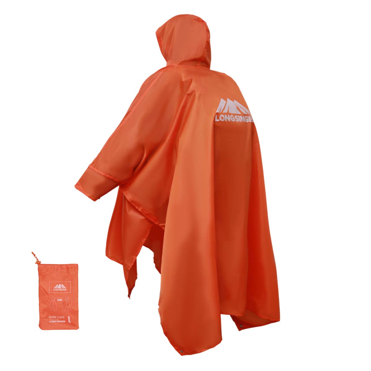 longsinger Rain Poncho for Adult, Waterproof Rain Poncho with Hood and Sleeve, Ideal for Hiking, Hunting, Camping, Orange, L