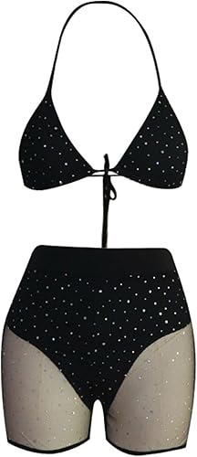 Miniatura 4 de Avanova Conjunto de 2 piezas sexy de malla halter brillante sujetador top bikini cintura alta pantalones cortos conjunto