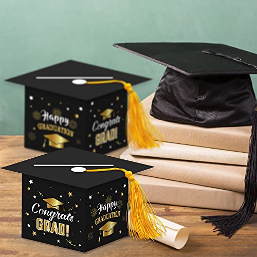 Image of 2026 Graduation Party Card Box, Black Gold Congrats Cap Card Holder Box with Tassel for 2026 Graduation Party Decoration