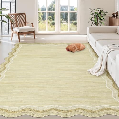 GarveeHome Large Scalloped Rugs 10x13 for Living Room Bedroom Washable Scalloped Solid Rug Non-Slip Stain Resistant Carpet Easy Clean Kids&Pet Friendly Carpet for Farmhouse Dining Room Dorm Beige