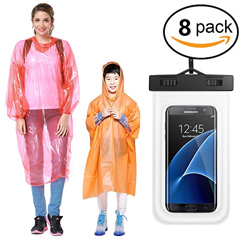 MECOC Rain Ponchos 6, 8 Pack for Adults&Child Family Combo with Cellphone Waterproof Case,Assorted Colors, Hood and Full Sleeves, One Size Fits All