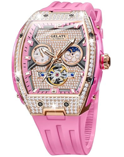 Image of OLEVS Men Automatic Watch Diamond Skeleton Mechanical Luxury Self Winding Moon Phase Calendar Waterproof Wrist Watch for Men