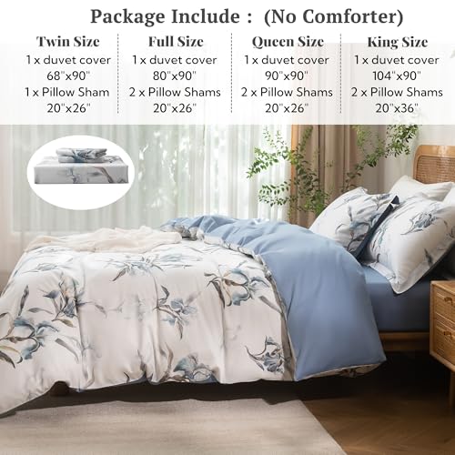 MILDLY Queen Size Duvet Cover Set 100% Long-Staple Cotton Luxury White & Blue Floral Patten Reversible Comforter Cover Set 3Pcs
