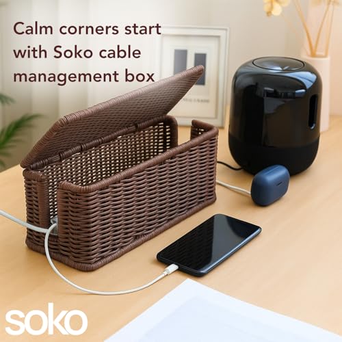 Image of Soko Woven Faux Rattan Cable Management Box| Cord Hider with Lid, 2 Open Slots Surge Protector | Power Strips, Router, TV, Gadget Wires Organizer Tray for Desktop, Table-Home, Office (Large) Brown