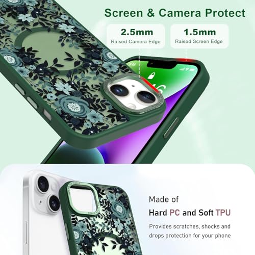 Image of Magnetic for iPhone 14 Plus Case with for Women, Green Flower | Pretty Floral Pattern Design [Compatible with MagSafe] Shockproof Slim Translucent Matte Non-Slip Protective Cover