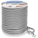 Boat Anchor Line 3 Strand Anchor Rope Black White Grey 3/8 Inch 50FT 100FT 150FT with Stainless Steel Thimble and Shackle for Boat (3/8' x50' Grey)