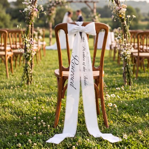 SmoothNovelty Reserved Wedding Memorial Chair Ribbon Sign, Style 3, White | 11 ft Reserved Seat Decor, in Memory of The Mother of Bride Ribbon Satin, in Loving Memory Tribute, Honoring Parents Ceremony