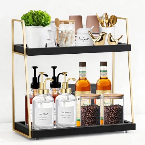 2087 Coffee Bar Accessories, Black Gold Coffee Station Organizer for Countertop Decor, 2 Tier Large Wooden CoffeeBar Shelf for Office, Breakroom, Bathroom