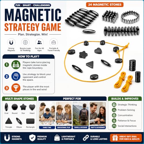 Image of Magnetic Sizzle Game | 24 Magnetic Chess Stones Strategy Board Game | Educational Brain Teaser Puzzle Toy | Portable Travel Family Game | Montessori Learning Fun Game for Boys Girls & Family