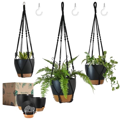 Bouqlife 3 Pack Self Watering Hanging Planters Macrame Plant Hangers with Indoor Flower Pots 10' / 8' / 7', 3 Different Size Hanging Basket, Plant Hanger with Hooks for Garden Home Decor Black Large