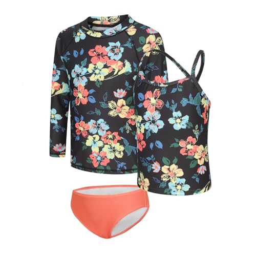 Image of Girls 3 Piece Swimsuits Set Long Sleeve Rash Guard Tankini Bathing Suits for Girls Beach Swimwear Set 3-16 Years