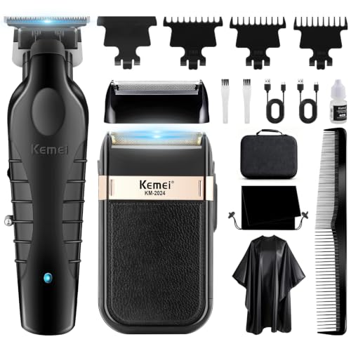 KEMEI Maquina de Cortar Pelo Hombre, 2 en 1 Inalámbrico Recortadora de Barba de Hoja en T, Afeitadora de Láminas, Kit de Afeitado y Corte de Pelo Eléctrico
