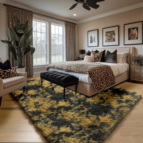 Amdrebio Black Gold Yellow Grey Rugs for Living Room Bedroom Decor, 8x10 Large Fluffy Furry Fuzzy Area Rug for Kids Room Dorm Home Office, Modern Cool Leopard Cheetah Big Carpet for Teen Boys Men