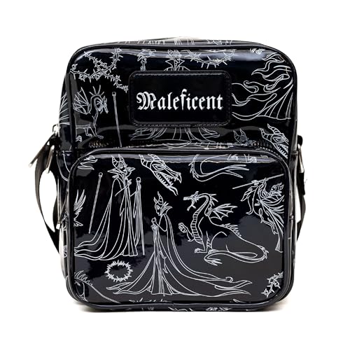 Disney Vegan Leather Crossbody Backpack with Adjustable Strap, Sleeping Beauty Villain Maleficent Poses Holographic Black/White - Main Image