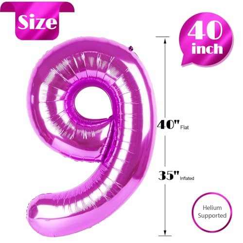 Image of Rosy Purple 9 Balloon, Number Balloons 40 Inch, 9th Giant Birthday Decorations, 19th 29th Party Decorations Supplies, Number 9 Balloon