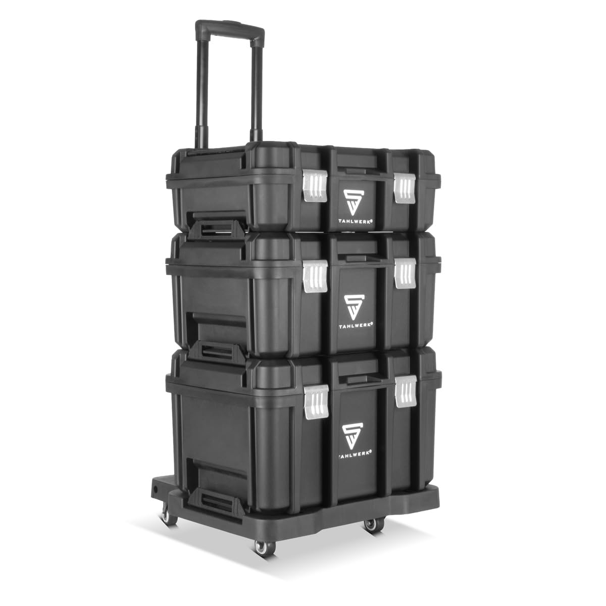 STAHLWERK Chariot à outils avec trois boîtes – chariot à outils mobile avec poignée télescopique, verrous métalliques et grand espace de rangement, système de rangement flexible pour atelier, garage