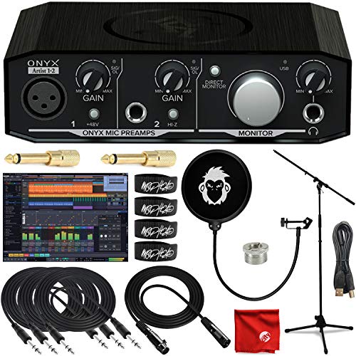 Mackie Onyx Producer 1x2 USB Audio MIDI Interface Bundle with Waveform OEM DAW Software, Mophead 66-Inch Microphone Stand, Pop Filter, 10-Foot XLR Cable, 3x 10-Foot TRS Cables, 4x Cable Ties