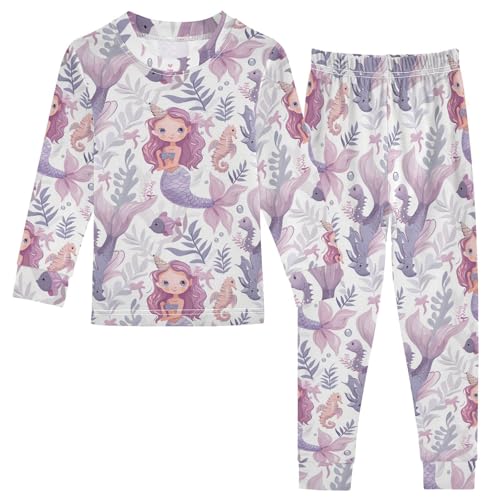 ALAZA Mermaid Seahorse Pajama Set Pijamas Para Niños Long Sleeve Sleepwear