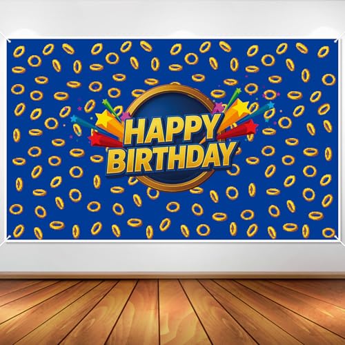 Cartoon Birthday Backdrop, 6x4 ft Happy Birthday Banner with Gold Rings Print Photo Prop for Boys & Girls Cartoon Themed Party Decorations Video Game Party Supplies